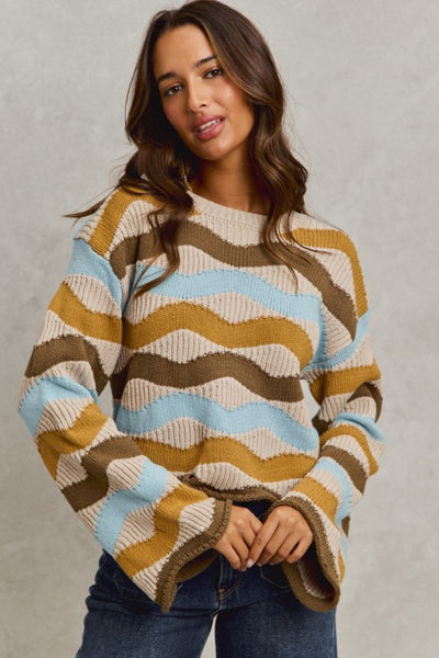Taupe And Blue Wavy Multi Color Stripe Sweater