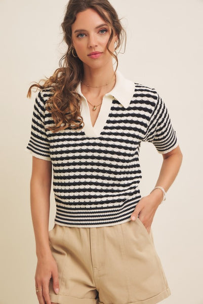 Textured Cotton Collared Striped Sweater Top
