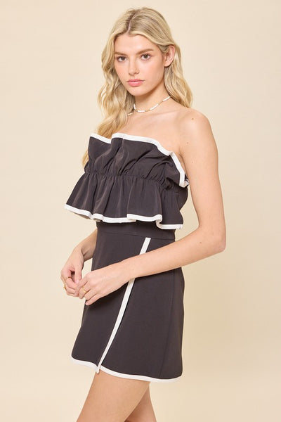 Contrast Binding Ruffle Ruched Tube Romper