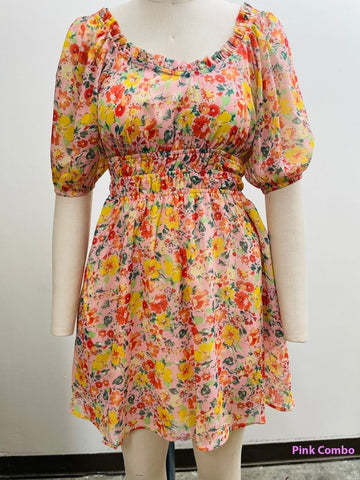 Floral Print Bubble Sleeve Dress
