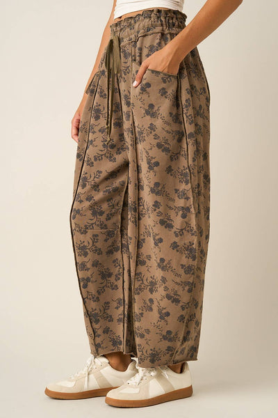 mittoshop - BLUE FLORAL PRINT SEAM DETAIL PULL ON BARREL PANTS