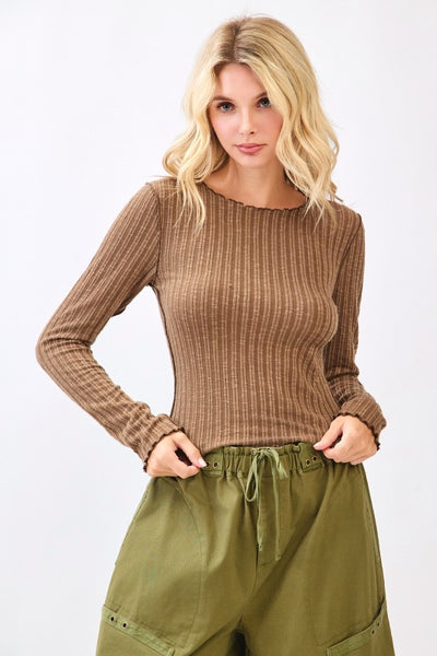 Lettuce Hem Long Sleeve Ribbed Knit Sweater Top