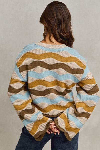 Taupe And Blue Wavy Multi Color Stripe Sweater