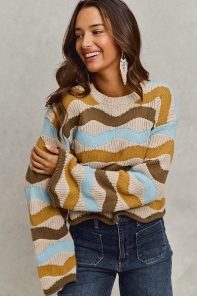 Taupe And Blue Wavy Multi Color Stripe Sweater