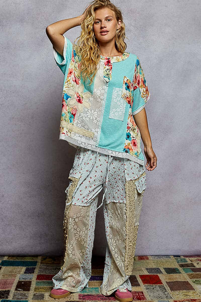 Pol Clothing - Unique Patchwork Lace Floral Knit Short Sleeve Top SALE