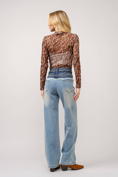 Blue B - 36349T - Boots Stitch Throughout Mesh Mock Neck Fitted Top