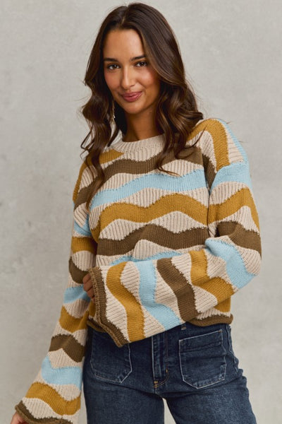 Taupe And Blue Wavy Multi Color Stripe Sweater