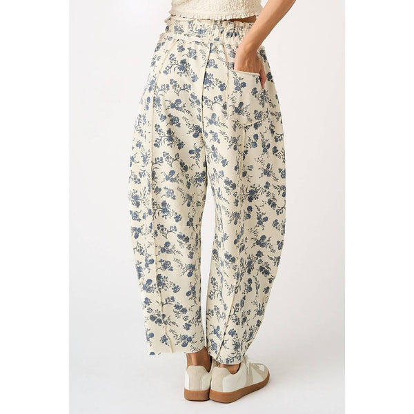 mittoshop - BLUE FLORAL PRINT SEAM DETAIL PULL ON BARREL PANTS