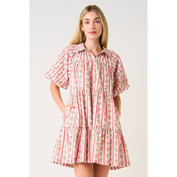mittoshop - FLORAL STRIPE PRINT TIERED MINI SHIRT DRESS