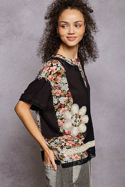 Pol Clothing - Unique Patchwork Lace Floral Knit Short Sleeve Top SALE
