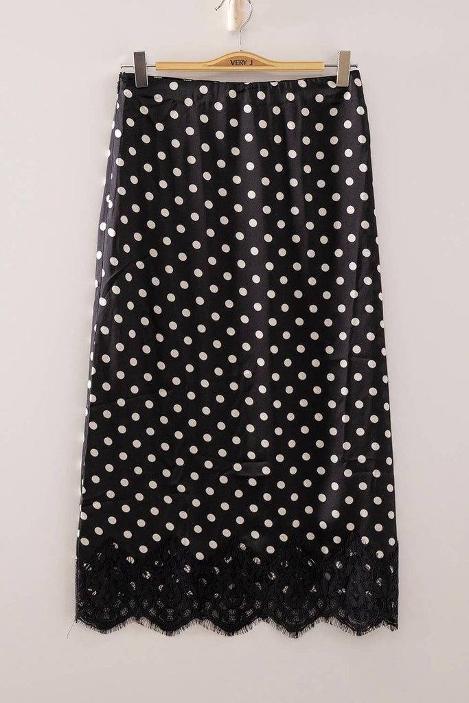 VERY J - NS50228-Polka Dot Lace Trim Satin Midi Skirt