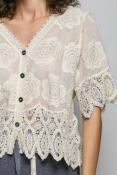Pol Clothing - Crochet Trim Neckline Short Sleeve Jacket Top