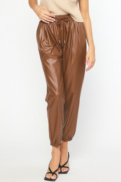 Brown Vegan Leather Jogger Pants