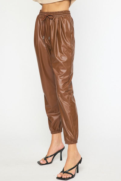 Brown Vegan Leather Jogger Pants