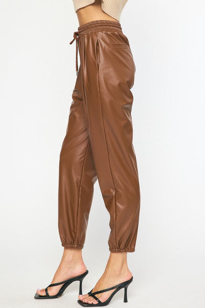 Brown Vegan Leather Jogger Pants