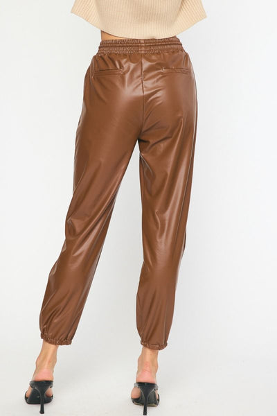Brown Vegan Leather Jogger Pants
