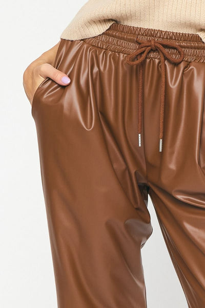 Brown Vegan Leather Jogger Pants