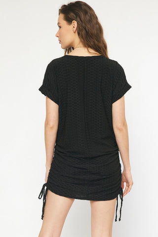 Textured Black Dress With Drawstrings