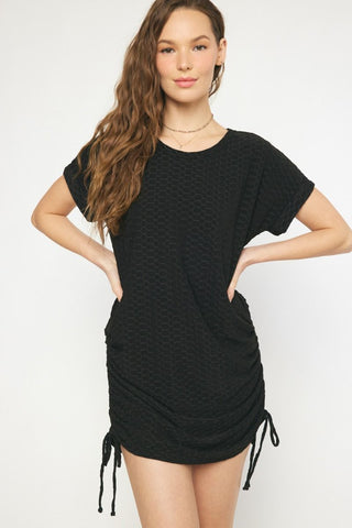 Textured Black Dress With Drawstrings