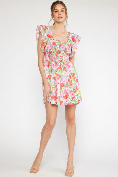 Floral Print Square Neck Ruffle Sleeve Dress