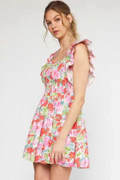 Floral Print Square Neck Ruffle Sleeve Dress