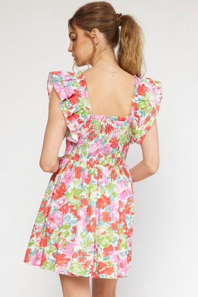 Floral Print Square Neck Ruffle Sleeve Dress