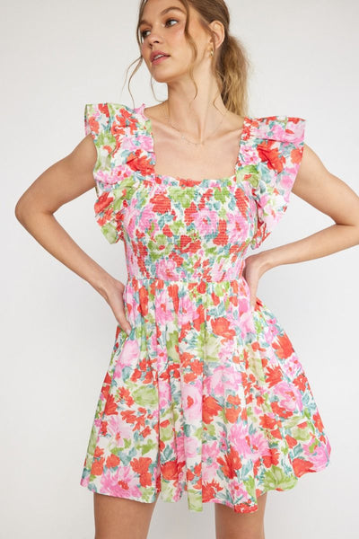 Floral Print Square Neck Ruffle Sleeve Dress