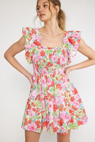 Floral Print Square Neck Ruffle Sleeve Dress