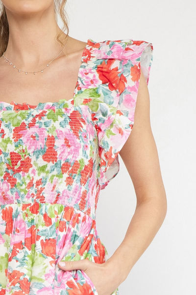 Floral Print Square Neck Ruffle Sleeve Dress
