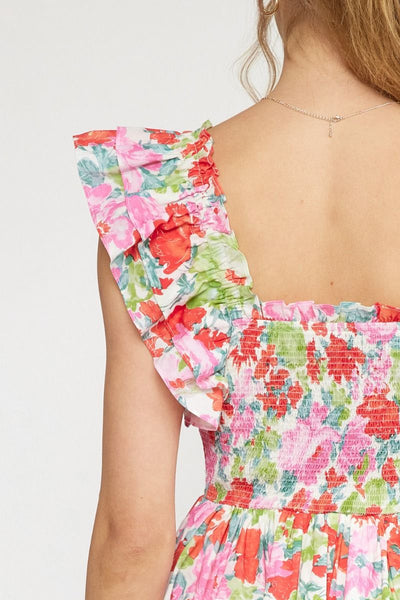 Floral Print Square Neck Ruffle Sleeve Dress