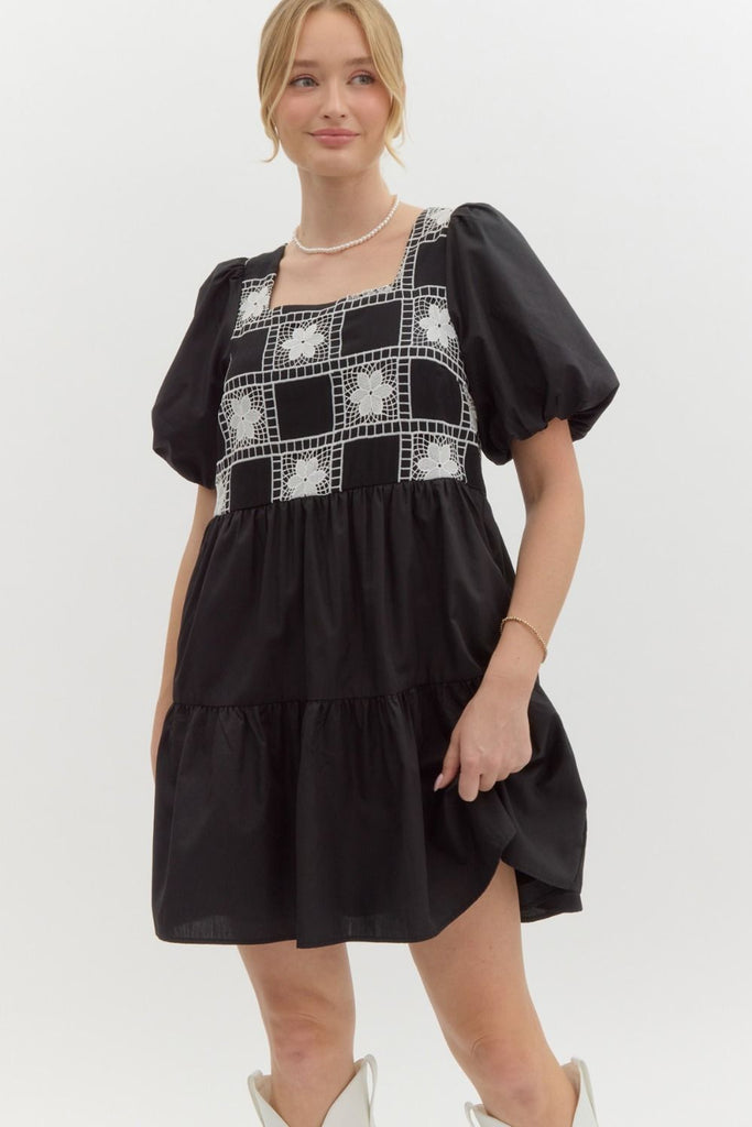Embroidered Balloon Sleeve Black Dress Embroidered Balloon Sleeve Black Dress