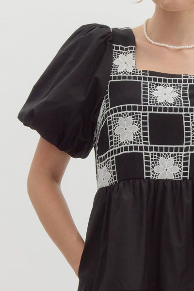 Embroidered Balloon Sleeve Black Dress
