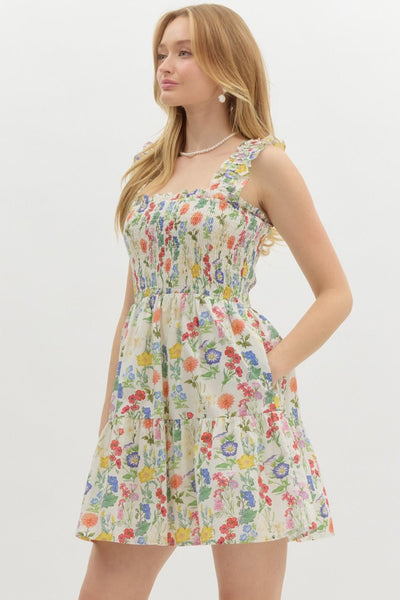 Floral Print Elastic Shoulder Mini Dress