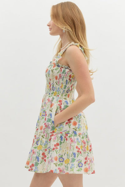 Floral Print Elastic Shoulder Mini Dress