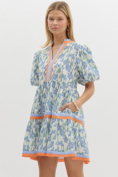 Blue And Orange Floral Print Bubble Sleeve Dress