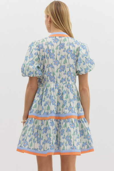 Blue And Orange Floral Print Bubble Sleeve Dress