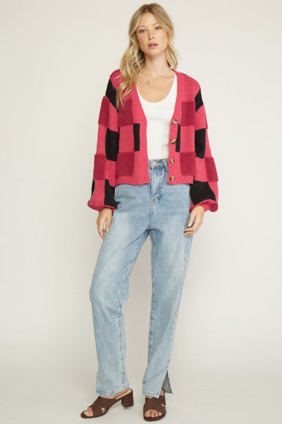Pink Checkered Cardigan