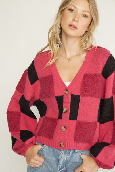 Pink Checkered Cardigan
