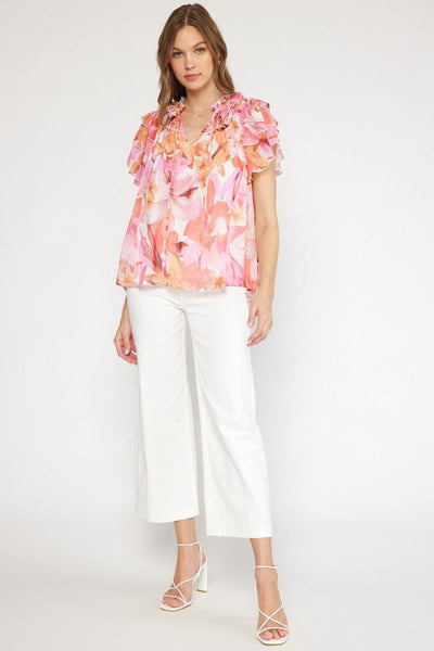 Floral Print Ruffle Tie Top