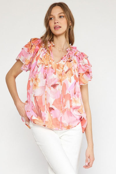 Floral Print Ruffle Tie Top