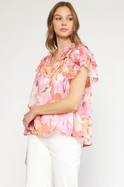 Floral Print Ruffle Tie Top
