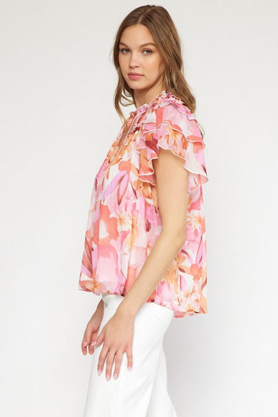 Floral Print Ruffle Tie Top