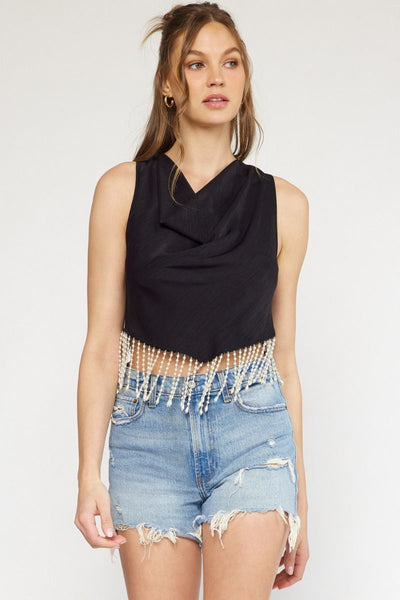 Drape Neck Top With Pearl Hem - Black