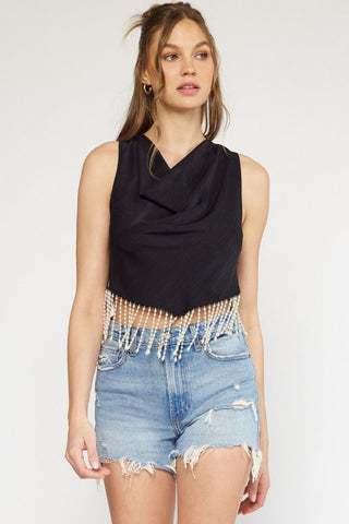 Drape Neck Top With Pearl Hem - Black