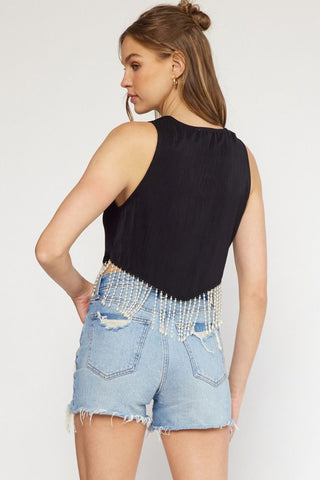 Drape Neck Top With Pearl Hem - Black