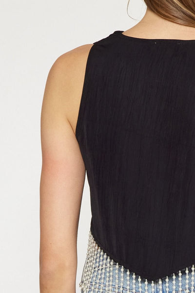 Drape Neck Top With Pearl Hem - Black