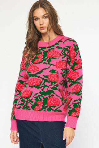 Fuchsia & Olive Abstract Floral Print Sweater