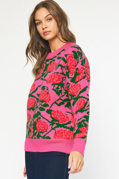 Fuchsia & Olive Abstract Floral Print Sweater