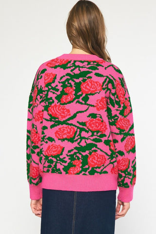 Fuchsia & Olive Abstract Floral Print Sweater