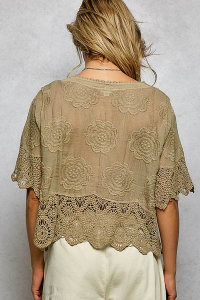 Pol Clothing - Crochet Trim Neckline Short Sleeve Jacket Top